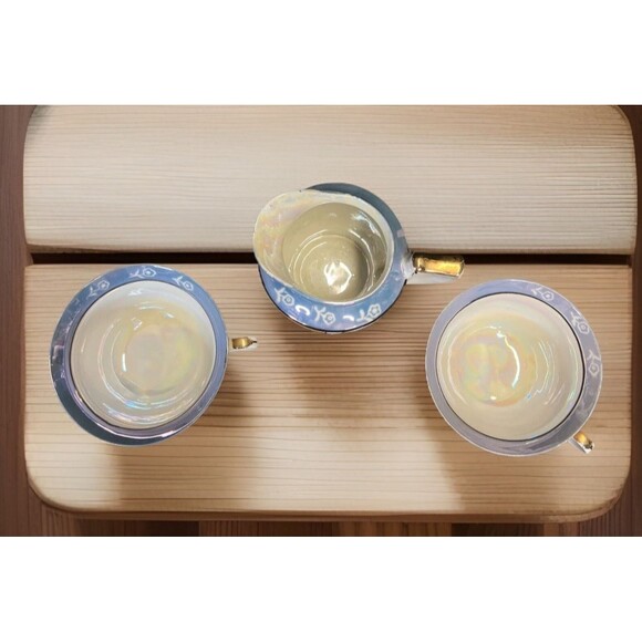 Vtg Japan Lusterware Blue Peach Raised Floral Teacups & Creamer Lot of 3 - Picture 7 of 8